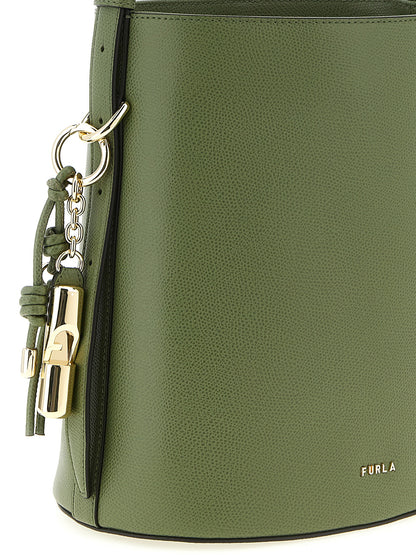 Shoulder Bucket Bag by Furla for women in calfskin leather bicolour, green & print features a statuesque silhouette, showcasing a secure magnetic and statuesque with versatile shoulder-strap & adjustable-strap for a statuesque finish.