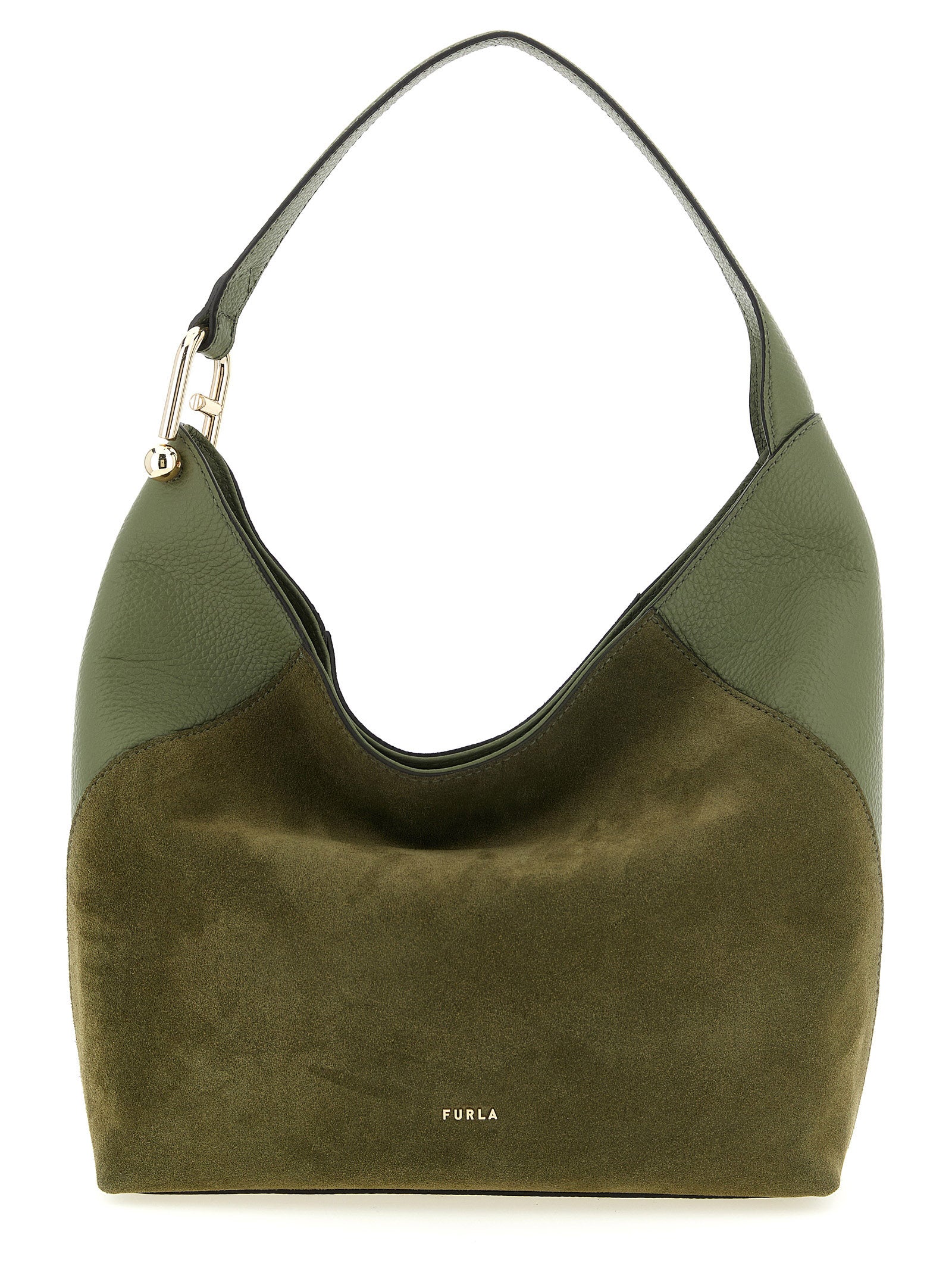Medium Shoulder Bag by Furla for women in calfskin leather bicolour, green & signature presents a statuesque silhouette, showcasing a secure magnetic and statuesque with versatile shoulder-strap & handle for a sophisticated look.