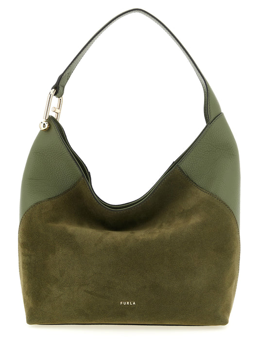 Medium Shoulder Bag by Furla for women in calfskin leather bicolour, green & signature presents a statuesque silhouette, showcasing a secure magnetic and statuesque with versatile shoulder-strap & handle for a sophisticated look.