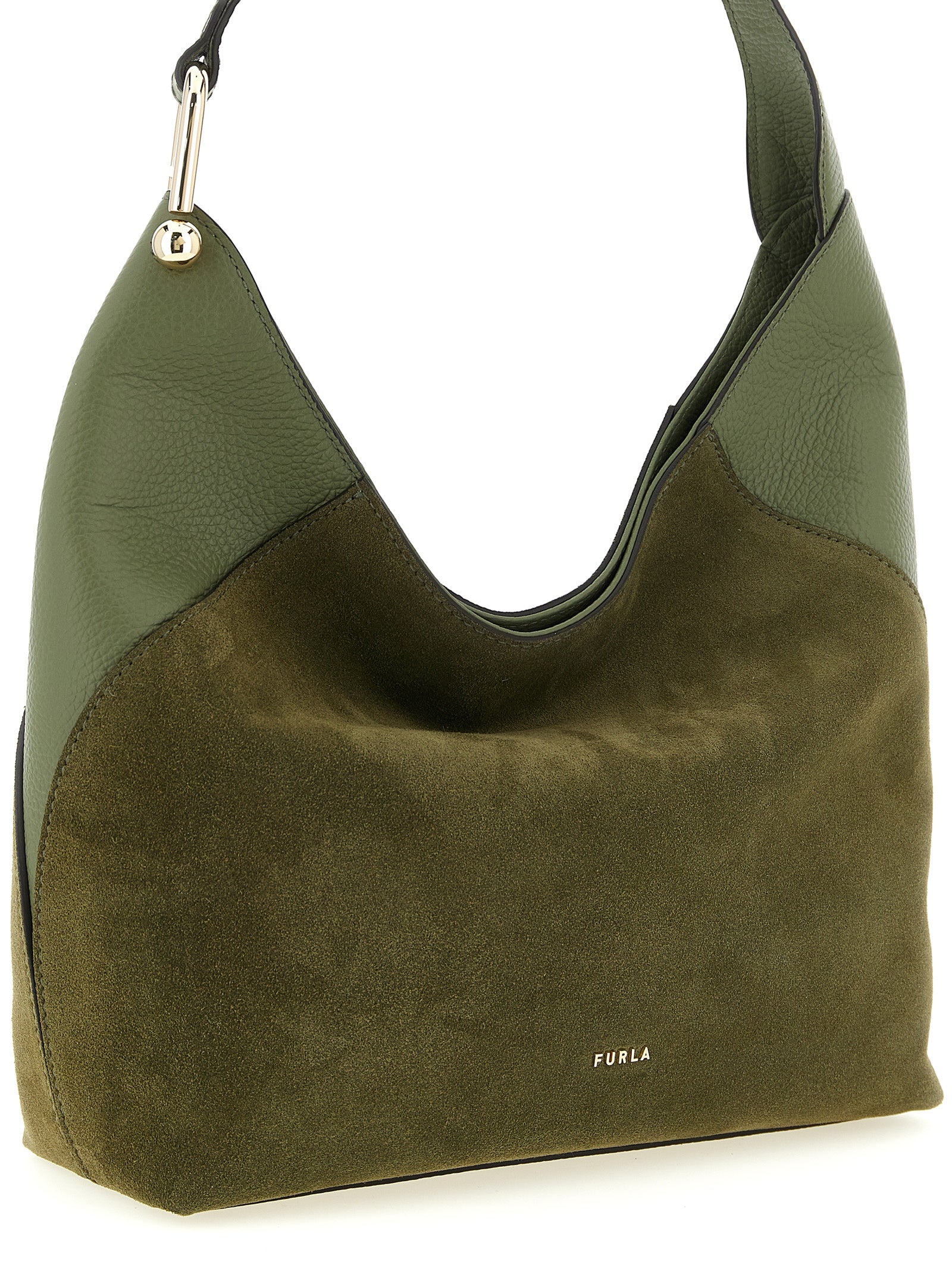 Medium Shoulder Bag by Furla for women in calfskin leather bicolour, green & signature showcases a statuesque silhouette, artfully detailed with a secure magnetic, organized , and versatile shoulder-strap & handle for a statuesque look.
