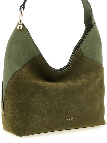 Medium Shoulder Bag by Furla for women in calfskin leather bicolour, green & signature showcases a statuesque silhouette, artfully detailed with a secure magnetic, organized , and versatile shoulder-strap & handle for a statuesque look.