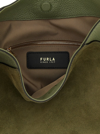 Medium Shoulder Bag by Furla for women in calfskin leather bicolour, green & signature features an effortlessly chic silhouette with a secure magnetic, ample , and versatile shoulder-strap & handle for effortlessly chic everyday luxury.