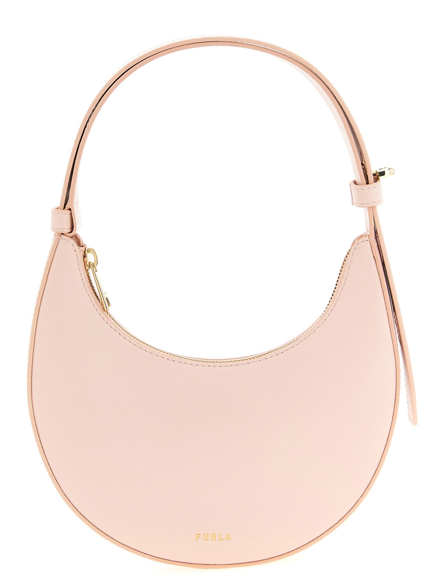 Mini Shoulder Crescent Bag by Furla for women in bos taurus calf suede leather multicolor, pink & signature features a stately silhouette, showcasing a secure zipper, ample , and stately shoulder-strap, adjustable-strap & handle for a stately finish.