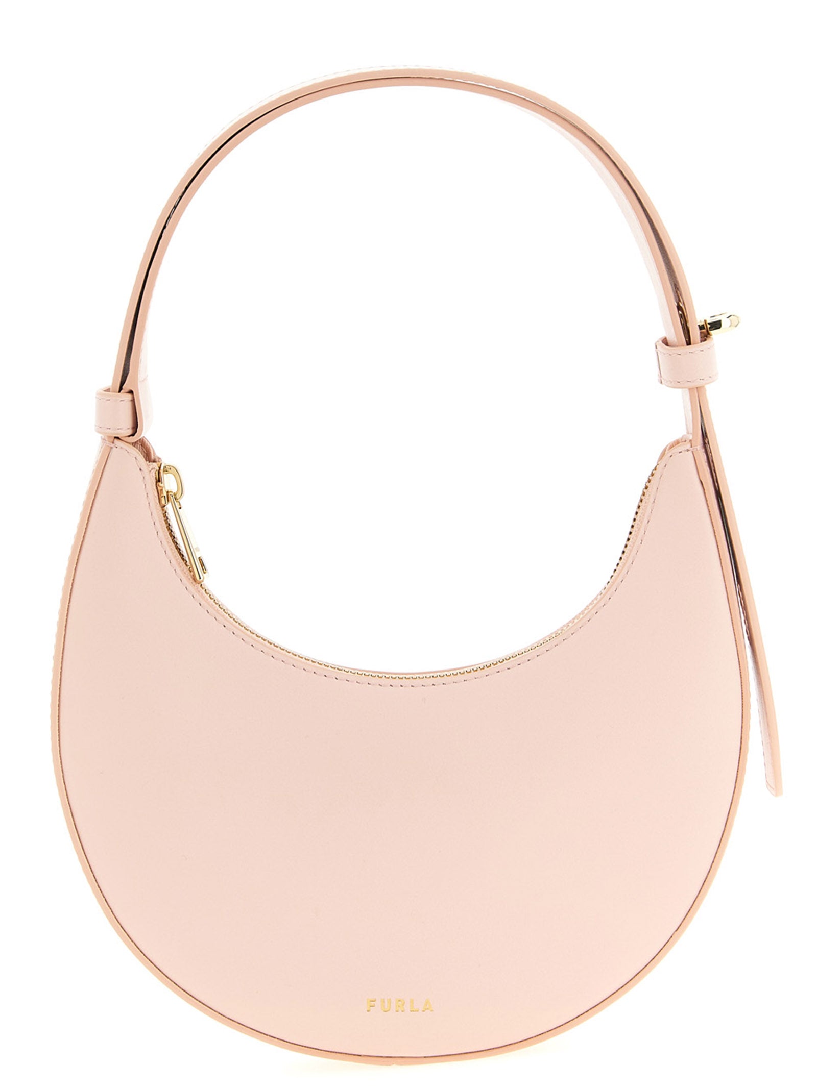 Mini Shoulder Crescent Bag by Furla for women in bos taurus calf suede leather multicolor, pink & signature features a stately silhouette, showcasing a secure zipper, ample , and stately shoulder-strap, adjustable-strap & handle for a stately finish.