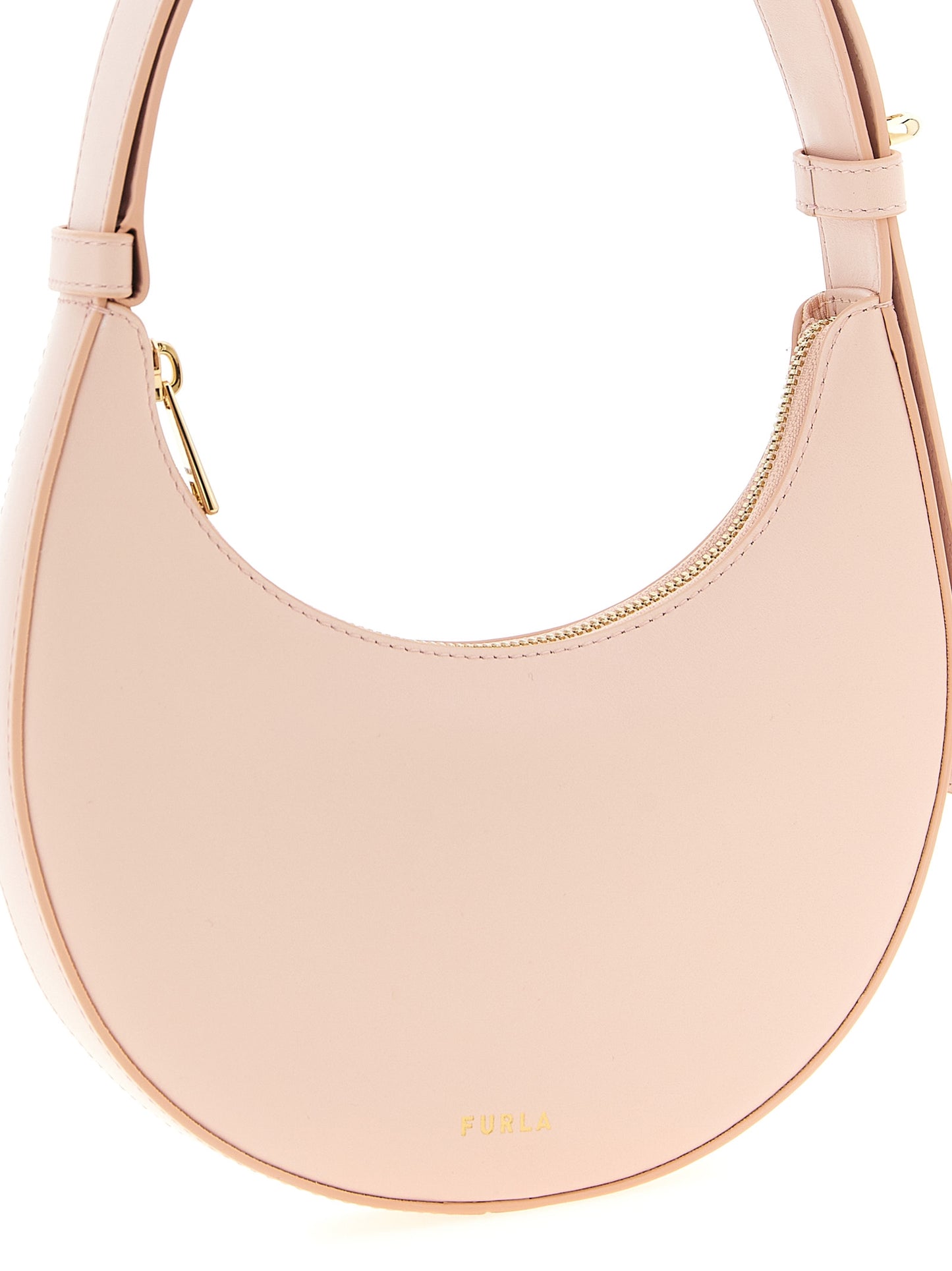 Mini Shoulder Crescent Bag by Furla for women in bos taurus calf suede leather multicolor, pink & signature showcases a statuesque silhouette, artfully detailed with a secure zipper, organized , and versatile shoulder-strap, adjustable-strap & handle for a statuesque look.