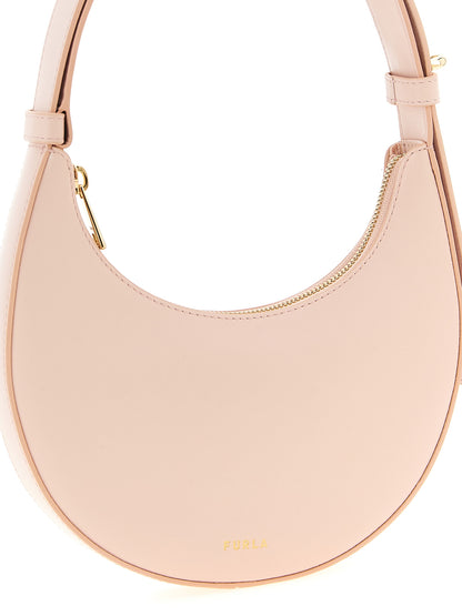Mini Shoulder Crescent Bag by Furla for women in bos taurus calf suede leather multicolor, pink & signature showcases a statuesque silhouette, artfully detailed with a secure zipper, organized , and versatile shoulder-strap, adjustable-strap & handle for a statuesque look.