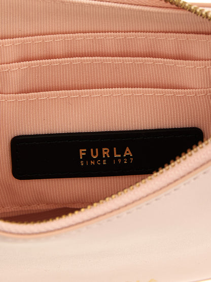 Mini Shoulder Crescent Bag by Furla for women in bos taurus calf suede leather multicolor, pink & signature features a statuesque silhouette, showcasing a secure zipper and statuesque with versatile shoulder-strap, adjustable-strap & handle for a statuesque finish.