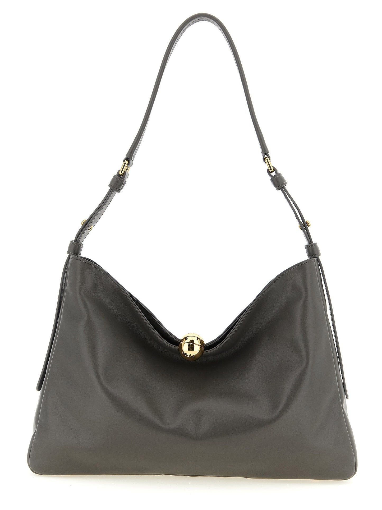 Shoulder Bag by Furla for women in bos taurus calf suede leather gray & signature features an effortlessly chic silhouette with a secure magnetic & button, ample , and versatile shoulder-strap, adjustable-strap & handle for effortlessly chic everyday luxury.