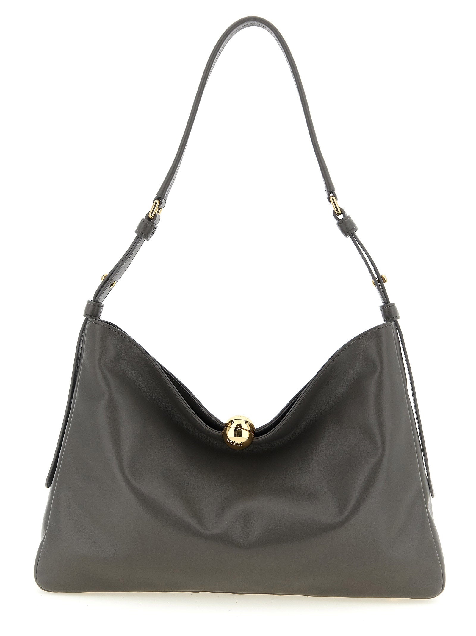 Shoulder Bag by Furla for women in bos taurus calf suede leather gray & signature features an effortlessly chic silhouette with a secure magnetic & button, ample , and versatile shoulder-strap, adjustable-strap & handle for effortlessly chic everyday luxury.