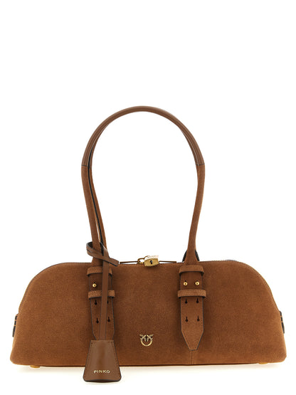 Shoulder Bowling Baguette Bag by PINKO for women in bos taurus calf suede leather brown features a stately silhouette, showcasing a secure zipper, ample , and stately shoulder-strap, adjustable-strap & handle for a stately finish.