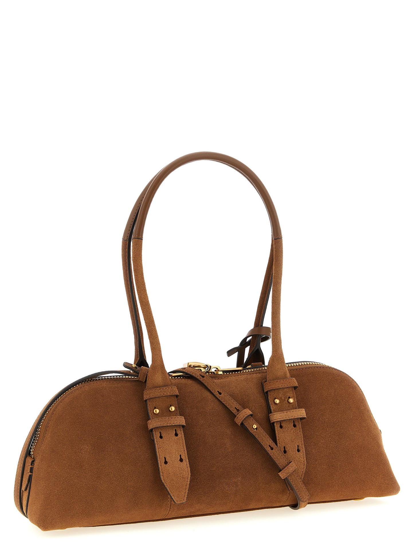Shoulder Bowling Baguette Bag by PINKO for women in bos taurus calf suede leather brown features a statuesque silhouette, showcasing a secure zipper and statuesque with versatile shoulder-strap, adjustable-strap & handle for a statuesque finish.