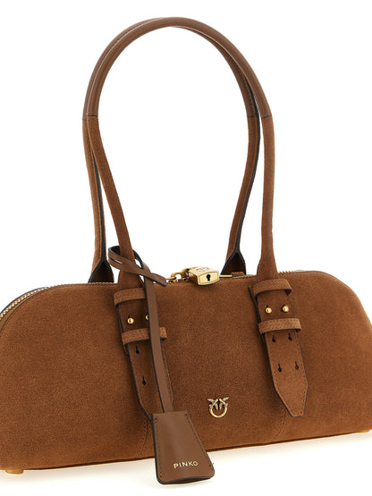 Shoulder Bowling Baguette Bag by PINKO for women in bos taurus calf suede leather brown features a effortless chic silhouette with a secure zipper, ample , and versatile shoulder-strap, adjustable-strap & handle for a effortless chic finish.