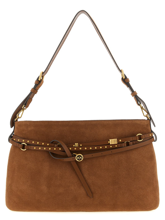 Large Shoulder Bag by PINKO for women in bos taurus calf suede leather brown features an effortlessly chic silhouette with a secure , ample , and versatile shoulder-strap, adjustable-strap, belt-strap & handle for effortlessly chic everyday luxury.