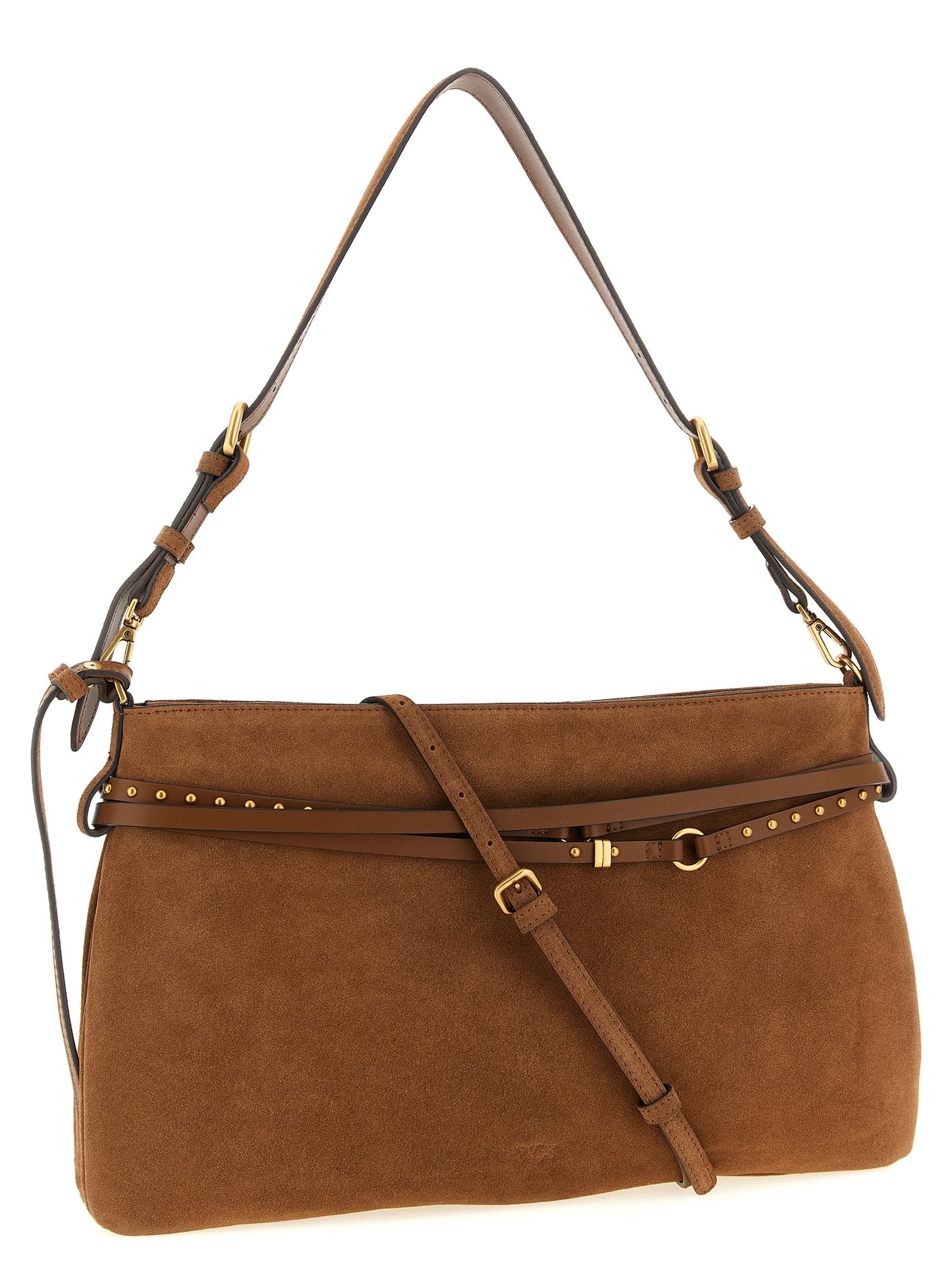 Large Shoulder Bag by PINKO for women in bos taurus calf suede leather brown presents a statuesque silhouette, showcasing a secure and statuesque with versatile shoulder-strap, adjustable-strap, belt-strap & handle for a sophisticated look.