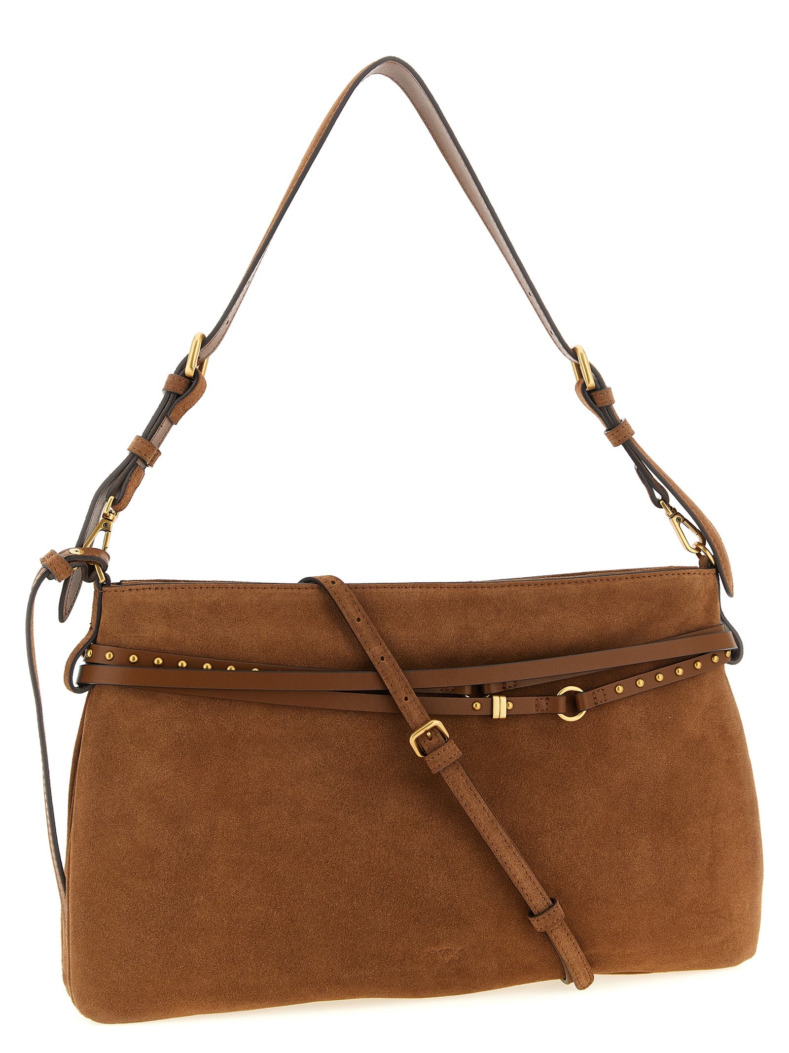 Large Shoulder Bag by PINKO for women in bos taurus calf suede leather brown presents a statuesque silhouette, showcasing a secure and statuesque with versatile shoulder-strap, adjustable-strap, belt-strap & handle for a sophisticated look.