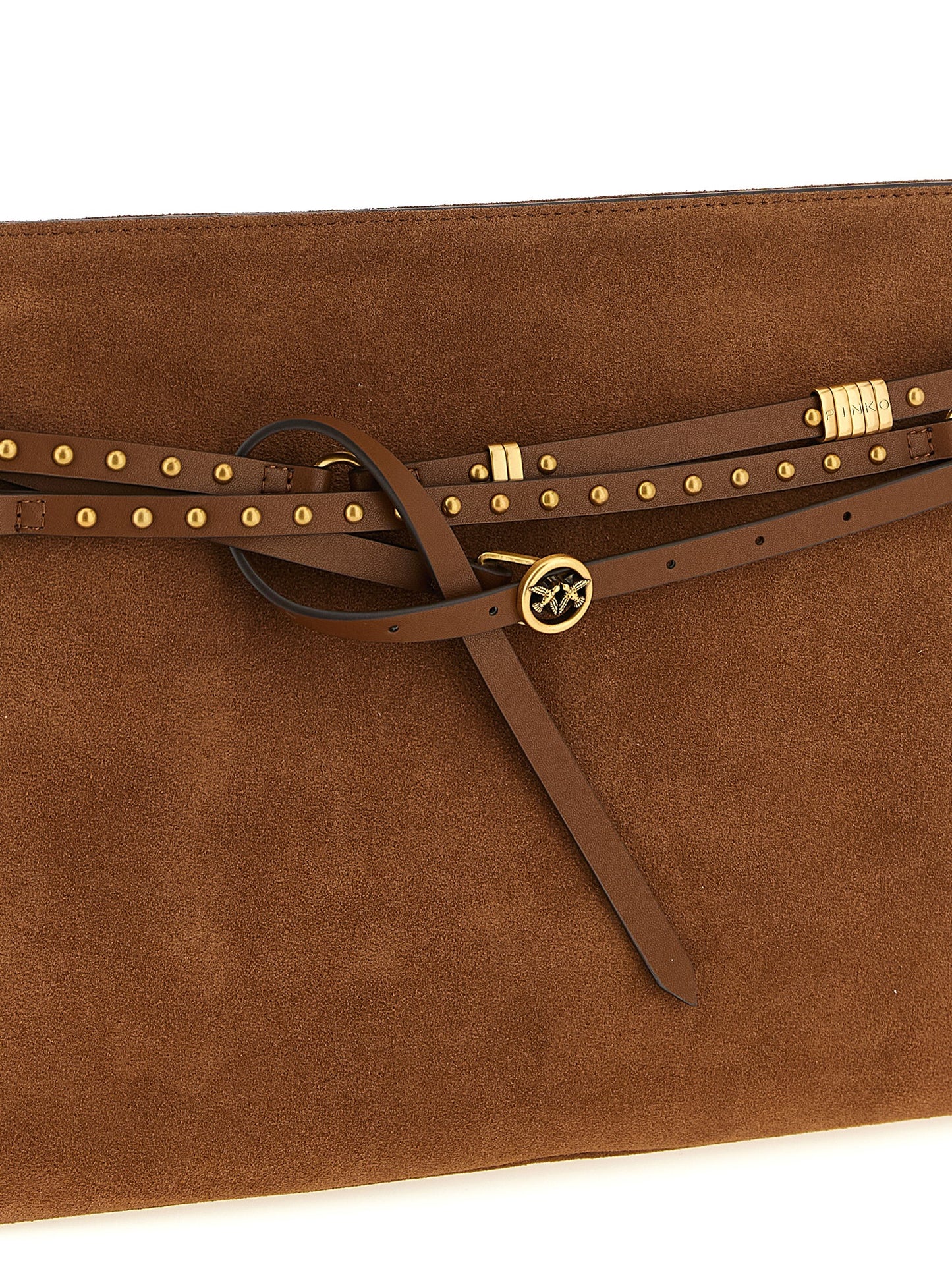 Large Shoulder Bag by PINKO for women in bos taurus calf suede leather brown showcases a statuesque silhouette, artfully detailed with a secure , organized , and versatile shoulder-strap, adjustable-strap, belt-strap & handle for a statuesque look.