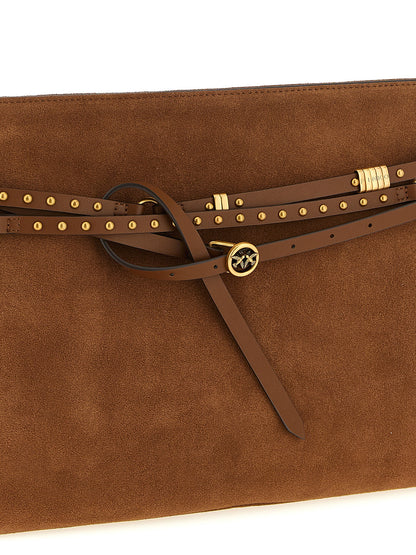 Large Shoulder Bag by PINKO for women in bos taurus calf suede leather brown showcases a statuesque silhouette, artfully detailed with a secure , organized , and versatile shoulder-strap, adjustable-strap, belt-strap & handle for a statuesque look.