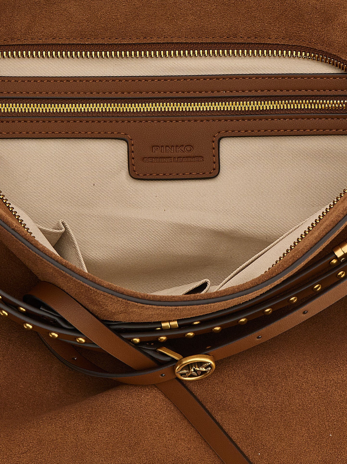 Large Shoulder Bag by PINKO for women in bos taurus calf suede leather brown features a stately silhouette, showcasing a secure , ample , and stately shoulder-strap, adjustable-strap, belt-strap & handle for a stately finish.