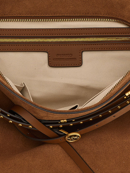 Large Shoulder Bag by PINKO for women in bos taurus calf suede leather brown features a stately silhouette, showcasing a secure , ample , and stately shoulder-strap, adjustable-strap, belt-strap & handle for a stately finish.