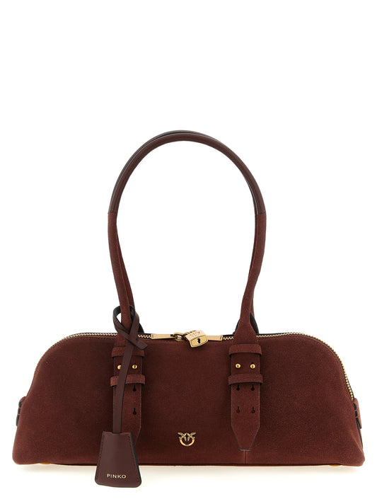 Shoulder Bowling Baguette Bag by PINKO for women in bos taurus calf suede leather bordeaux features a effortless chic silhouette with a secure zipper, ample , and versatile shoulder-strap, adjustable-strap & handle for a effortless chic finish.