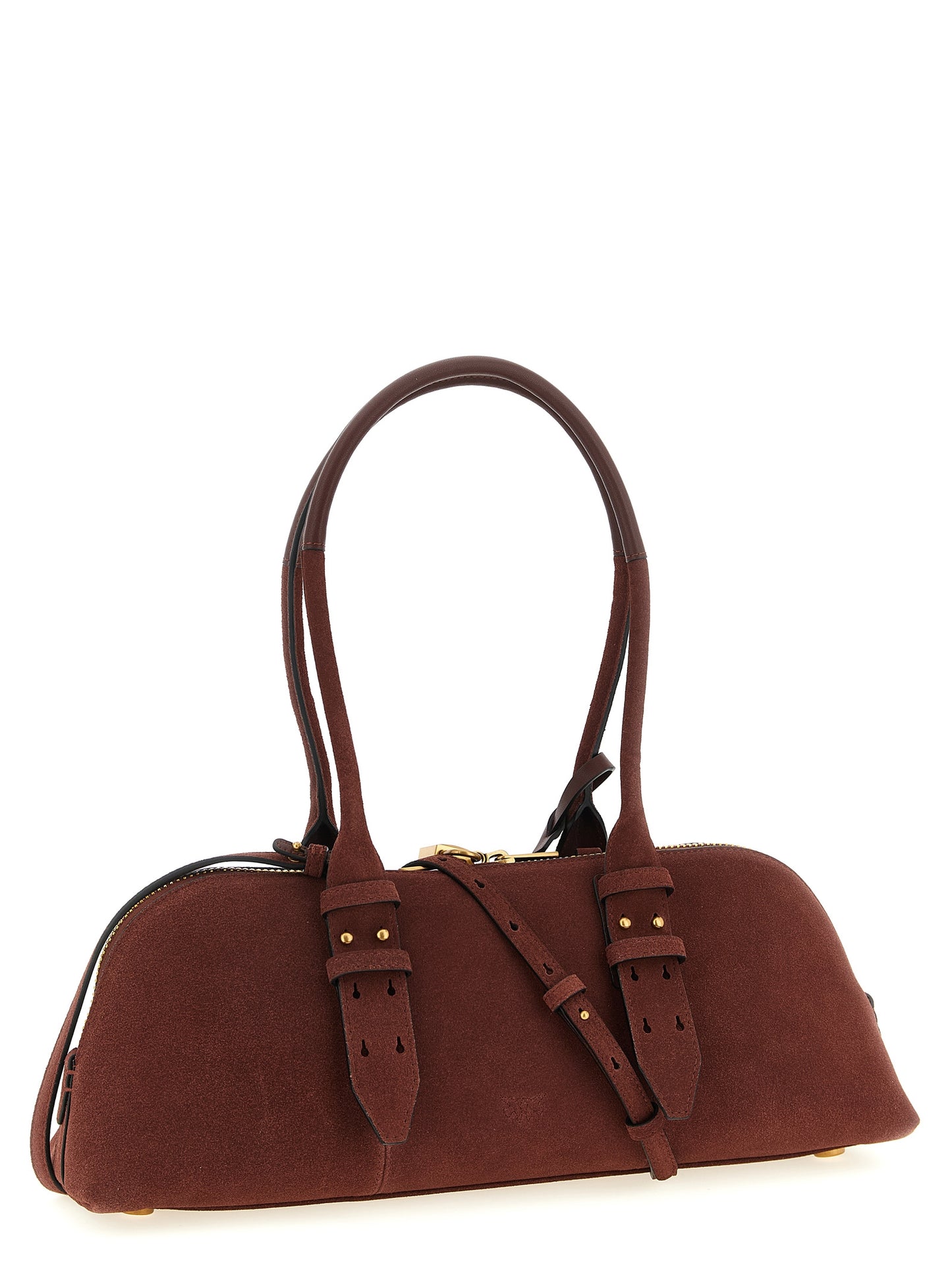 Shoulder Bowling Baguette Bag by PINKO for women in bos taurus calf suede leather bordeaux features a statuesque silhouette, showcasing a secure zipper and statuesque with versatile shoulder-strap, adjustable-strap & handle for a statuesque finish.