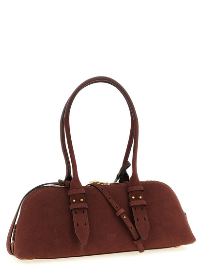 Shoulder Bowling Baguette Bag by PINKO for women in bos taurus calf suede leather bordeaux features a statuesque silhouette, showcasing a secure zipper and statuesque with versatile shoulder-strap, adjustable-strap & handle for a statuesque finish.