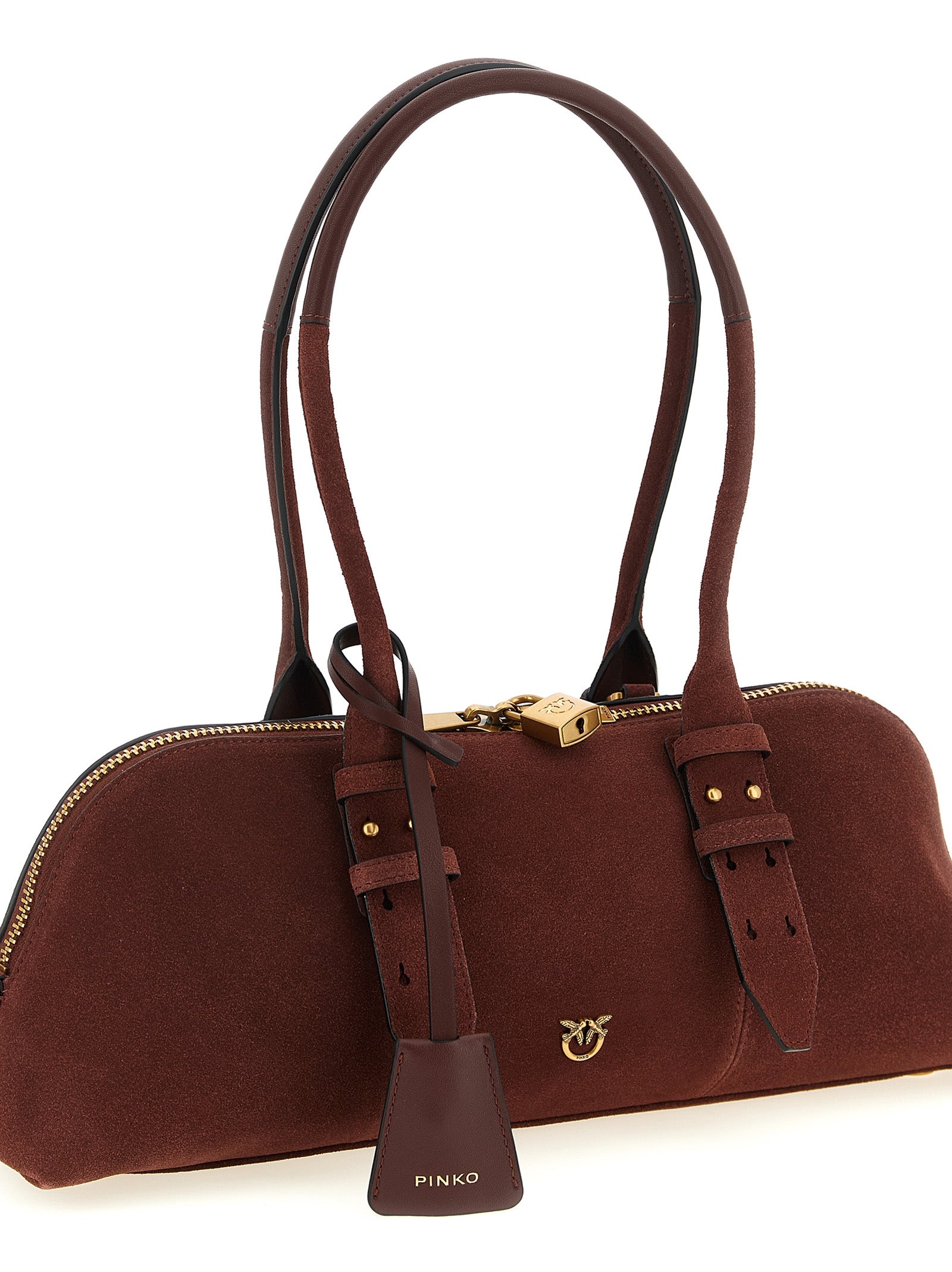 Shoulder Bowling Baguette Bag by PINKO for women in bos taurus calf suede leather bordeaux features a effortless chic silhouette with a secure zipper, ample , and versatile shoulder-strap, adjustable-strap & handle for a effortless chic finish.