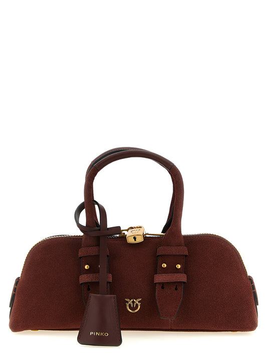 Shoulder Bowling Baguette Bag by PINKO for women in bos taurus calf suede leather bordeaux showcases a statuesque silhouette, artfully detailed with a secure zipper, organized , and versatile shoulder-strap, adjustable-strap & handle for a statuesque look.