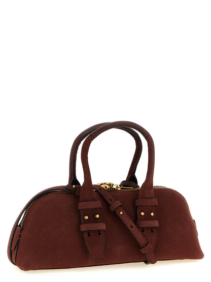 Shoulder Bowling Baguette Bag by PINKO for women in bos taurus calf suede leather bordeaux features a effortless sophistication silhouette, secured by a zipper with ample and versatile shoulder-strap, adjustable-strap & handle for a effortless sophistication finish.