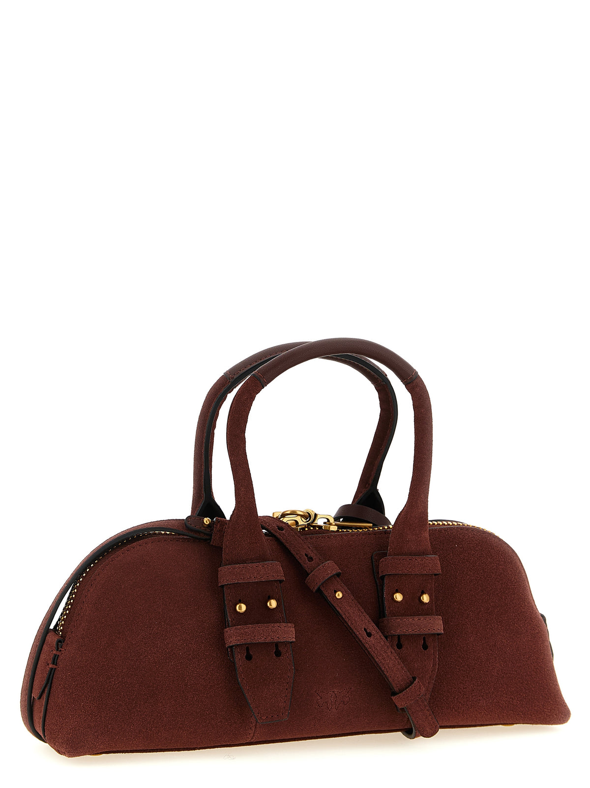 PINKO Love Birds Bos Taurus Calf Suede Leather Shoulder Bowling Baguette Bag - Bordeaux