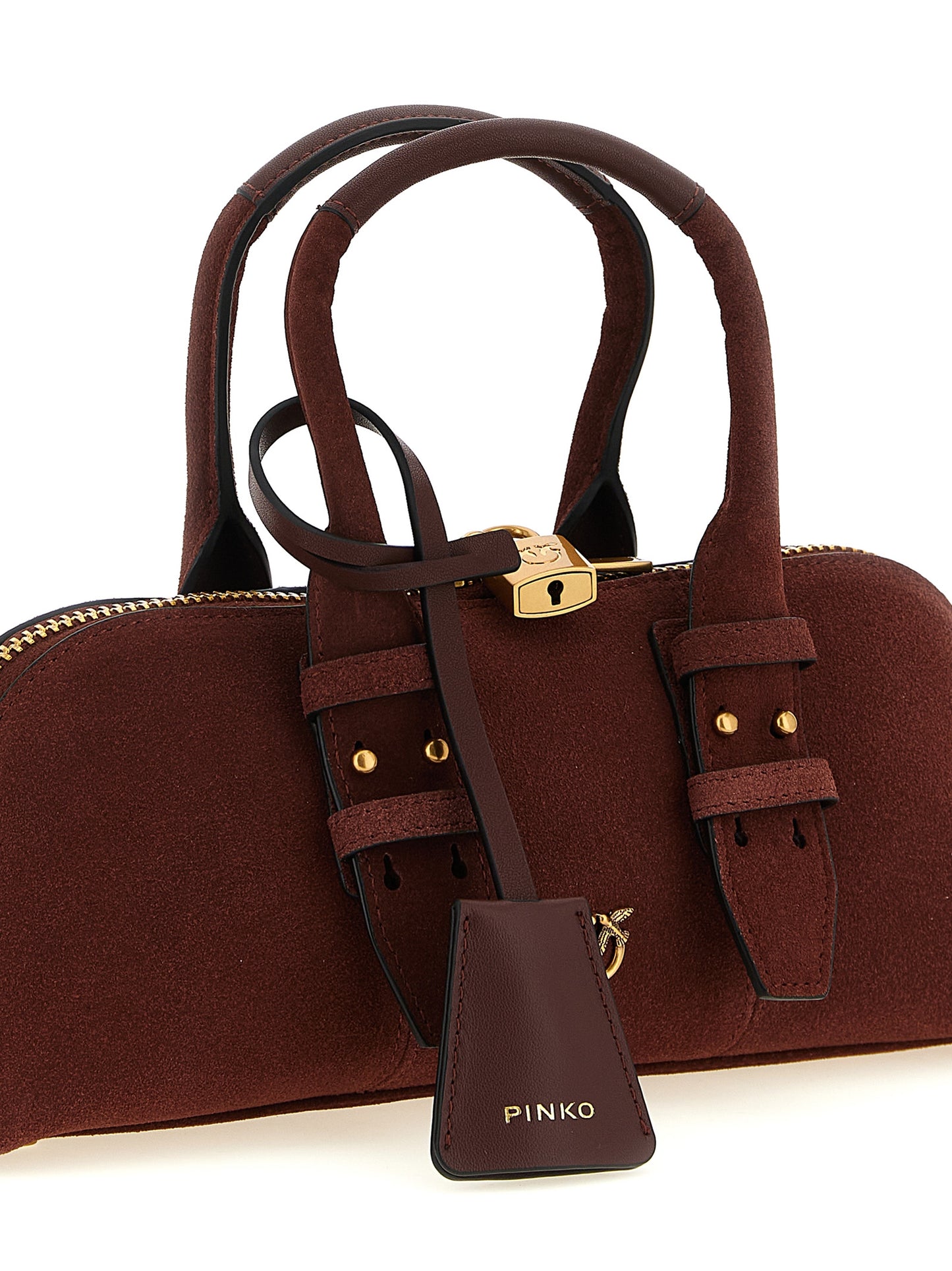 Shoulder Bowling Baguette Bag by PINKO for women in bos taurus calf suede leather bordeaux presents a statuesque silhouette, showcasing a secure zipper and statuesque with versatile shoulder-strap, adjustable-strap & handle for a sophisticated look.