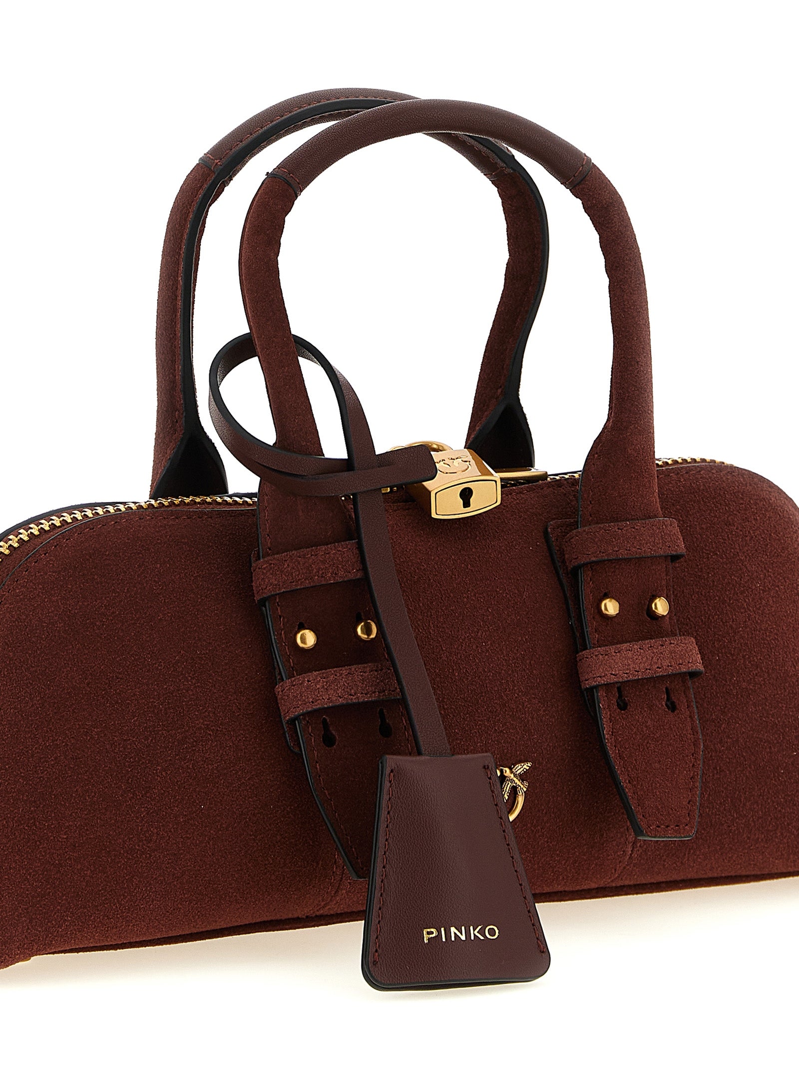 Shoulder Bowling Baguette Bag by PINKO for women in bos taurus calf suede leather bordeaux presents a statuesque silhouette, showcasing a secure zipper and statuesque with versatile shoulder-strap, adjustable-strap & handle for a sophisticated look.