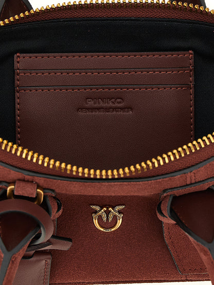 Shoulder Bowling Baguette Bag by PINKO for women in bos taurus calf suede leather bordeaux features a statuesque silhouette, showcasing a secure zipper and statuesque with versatile shoulder-strap, adjustable-strap & handle for a statuesque finish.
