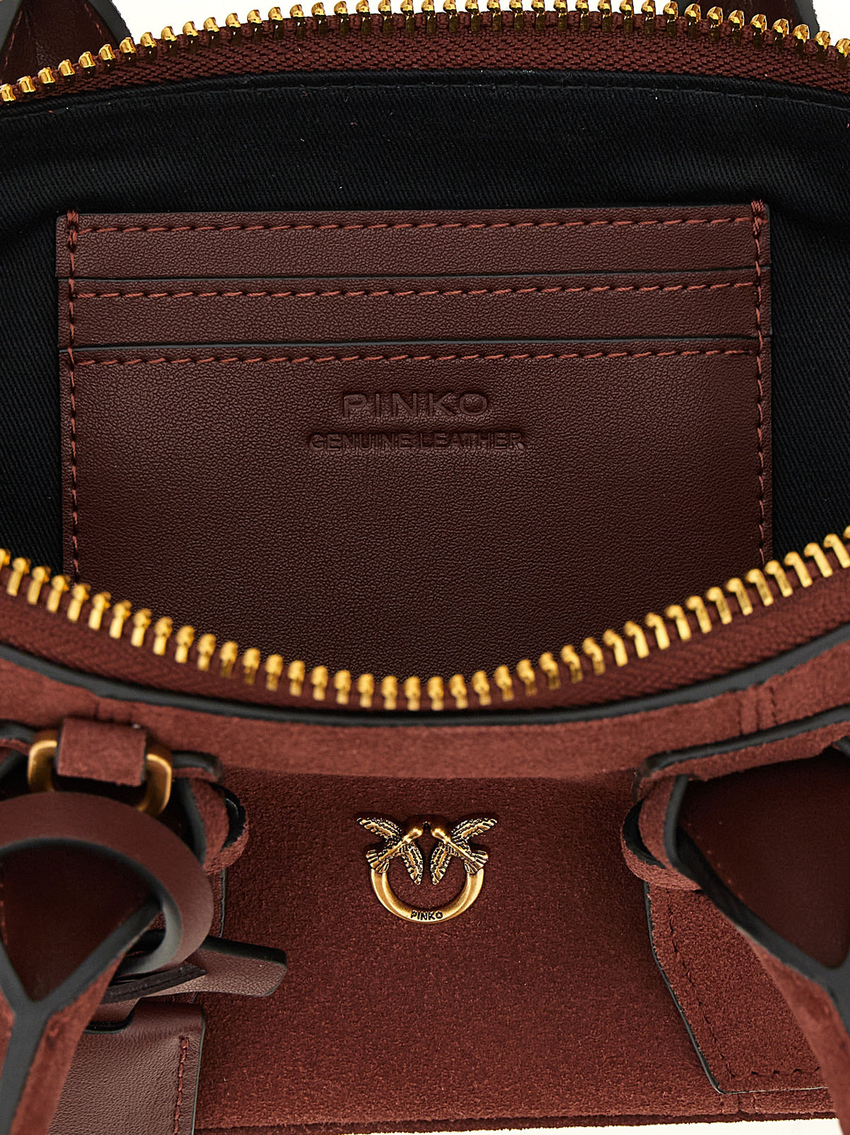 PINKO Love Birds Bos Taurus Calf Suede Leather Shoulder Bowling Baguette Bag - Bordeaux