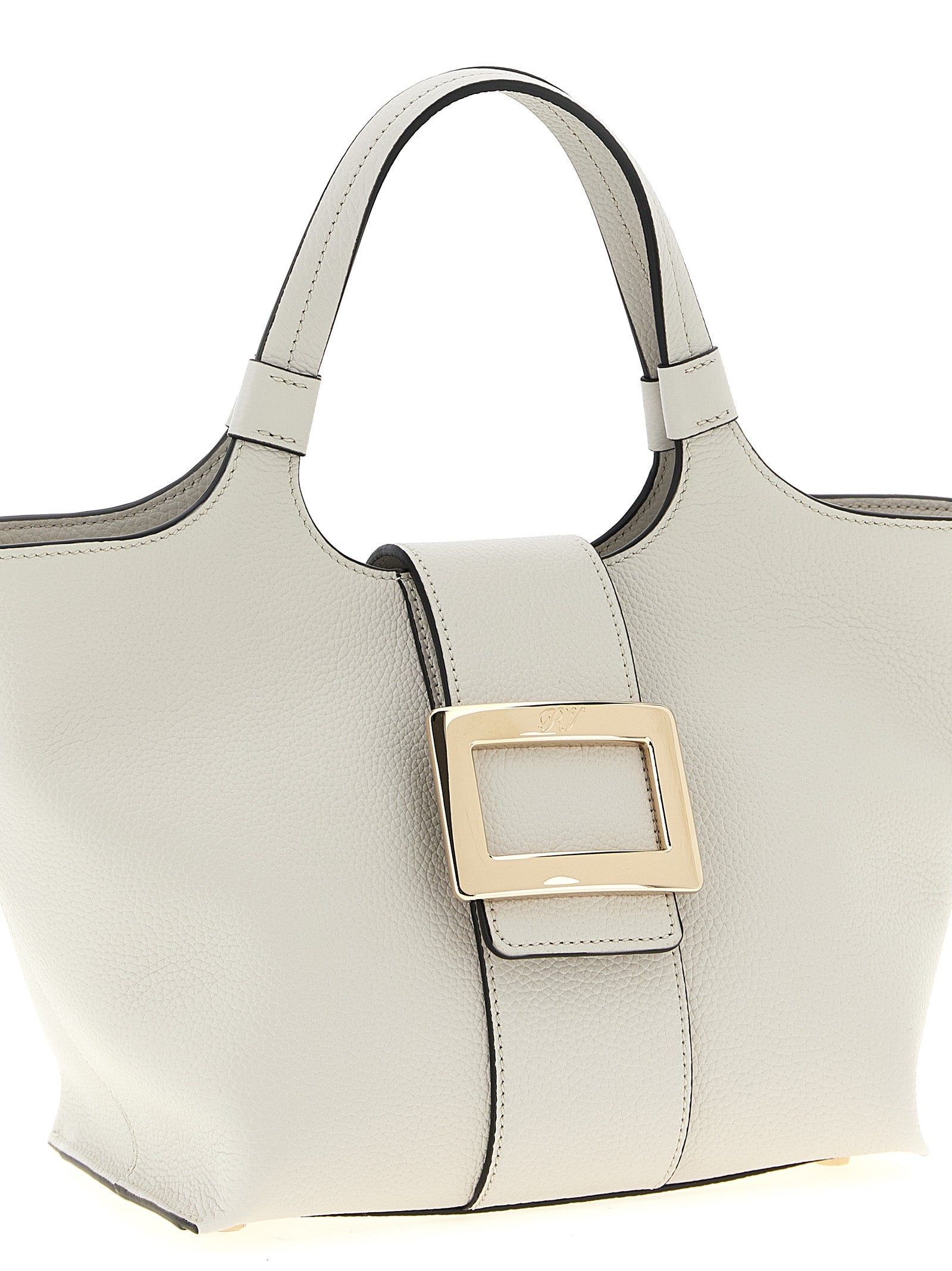 Mini Shopper Tote Bag by Roger Vivier for women in bos taurus calf suede leather gray showcases a statuesque Belle Bos Taurus Calf Suede Leather Mini Shopper Tote Bag design, featuring a secure flap, magnetic & buckle, ample , and versatile shoulder-strap & handle for a statuesque finish.