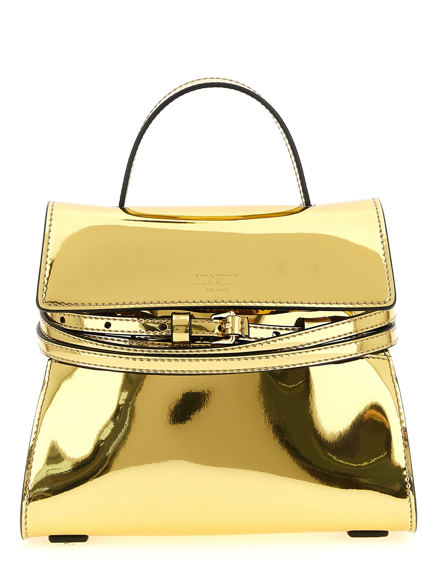 Handbag by Moschino for women in polyester & polyethylene gold features a signature silhouette, showcasing a secure buckle & button and signature with versatile shoulder-strap, adjustable-strap & handle for a sophisticated look.