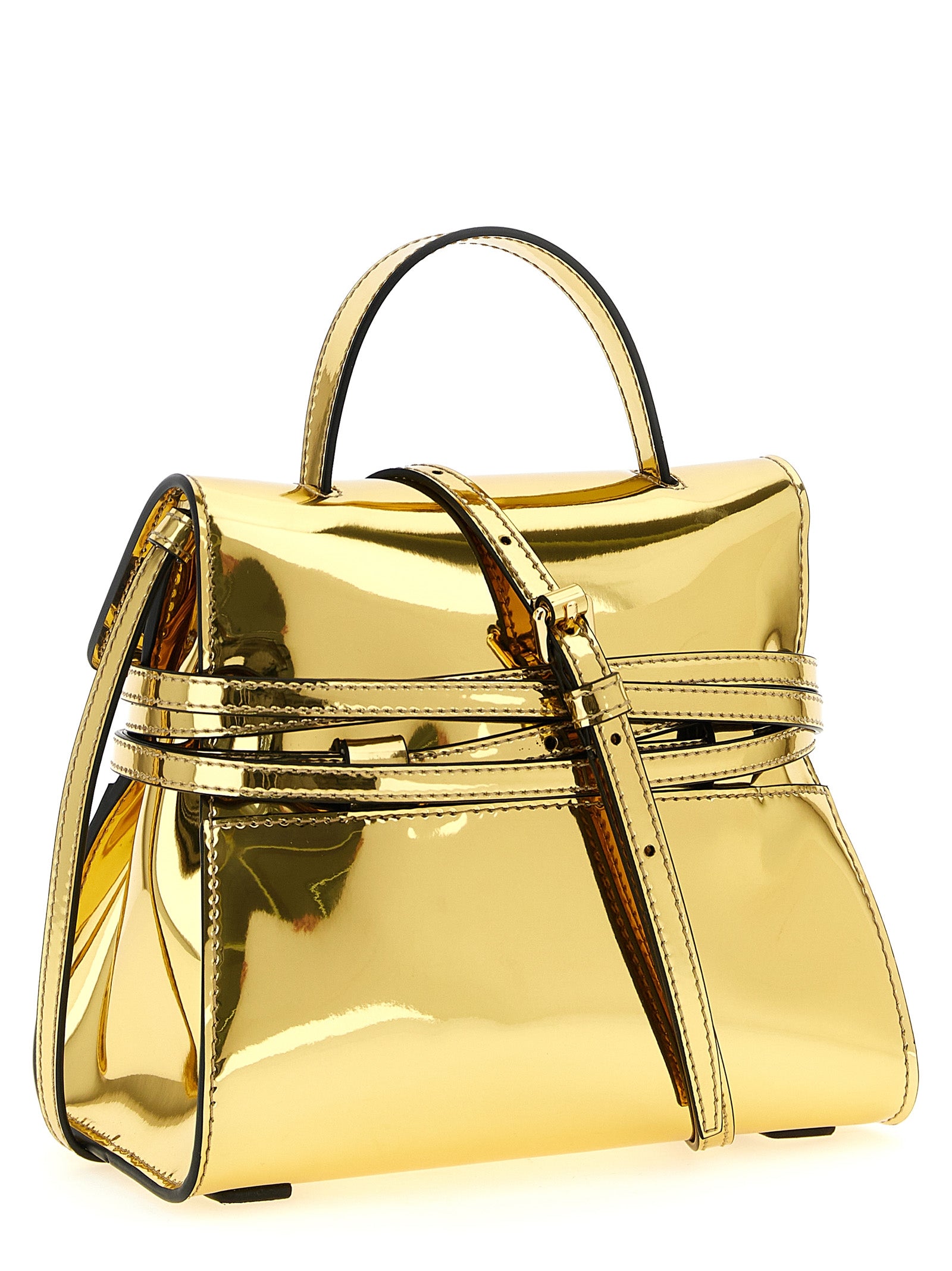 Handbag by Moschino for women in polyester & polyethylene gold features a ornamental silhouette, showcasing a secure buckle & button, ample , and ornamental shoulder-strap, adjustable-strap & handle for a sophisticated look.
