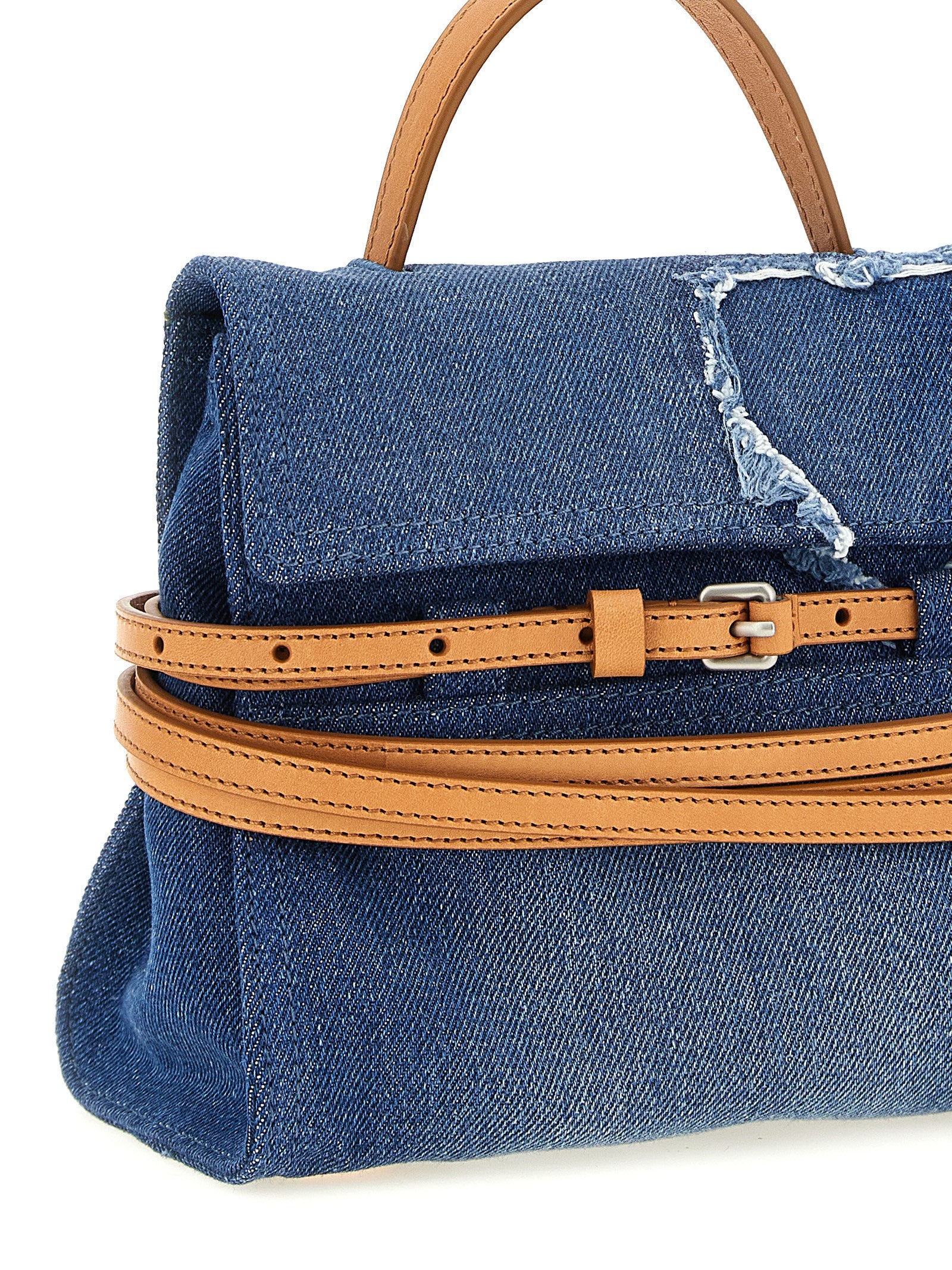Handbag by Moschino for women in calf leather & cotton blue features an refined silhouette, showcasing a secure buckle & button, ample , and versatile shoulder-strap, adjustable-strap & handle for a sophisticated refined aesthetic.