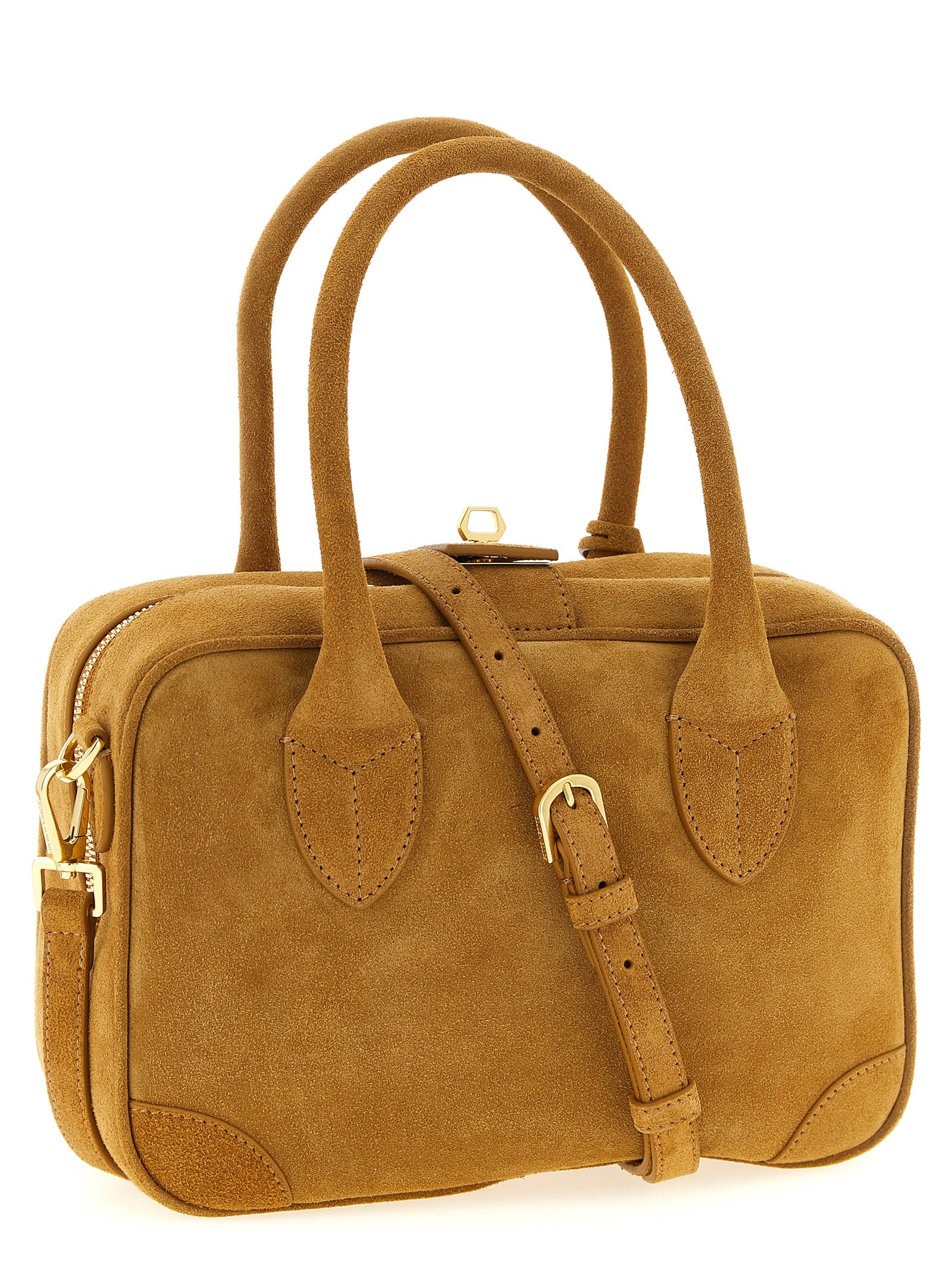 Handbag by Golden Goose for women in suede leather beige features a signature silhouette, showcasing a secure zipper and signature with versatile shoulder-strap, adjustable-strap & handle for a sophisticated look.