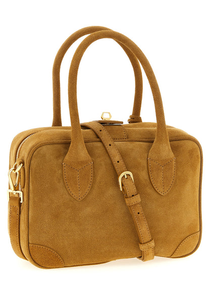 Handbag by Golden Goose for women in suede leather beige features a signature silhouette, showcasing a secure zipper and signature with versatile shoulder-strap, adjustable-strap & handle for a sophisticated look.