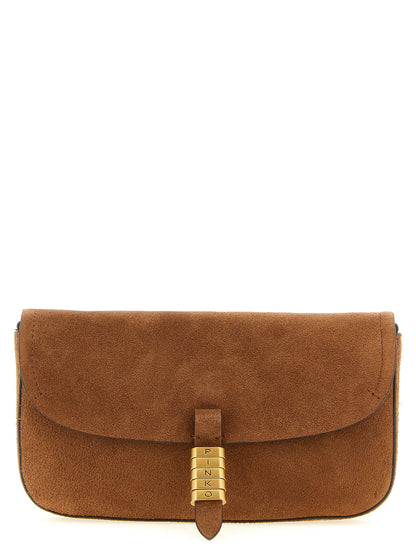 Medium Shoulder Saddle Bag by PINKO for women in cotton & leather brown features a stately silhouette, showcasing a secure flap & magnetic, ample , and stately shoulder-strap for a stately finish.