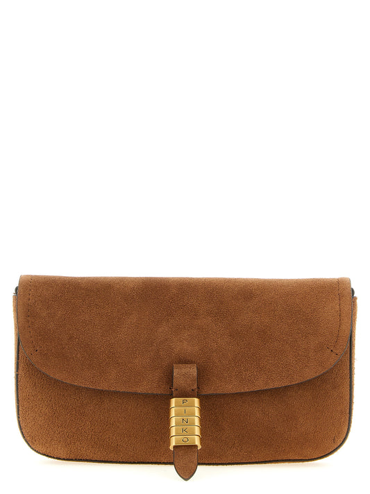 Medium Shoulder Saddle Bag by PINKO for women in cotton & leather brown features a stately silhouette, showcasing a secure flap & magnetic, ample , and stately shoulder-strap for a stately finish.