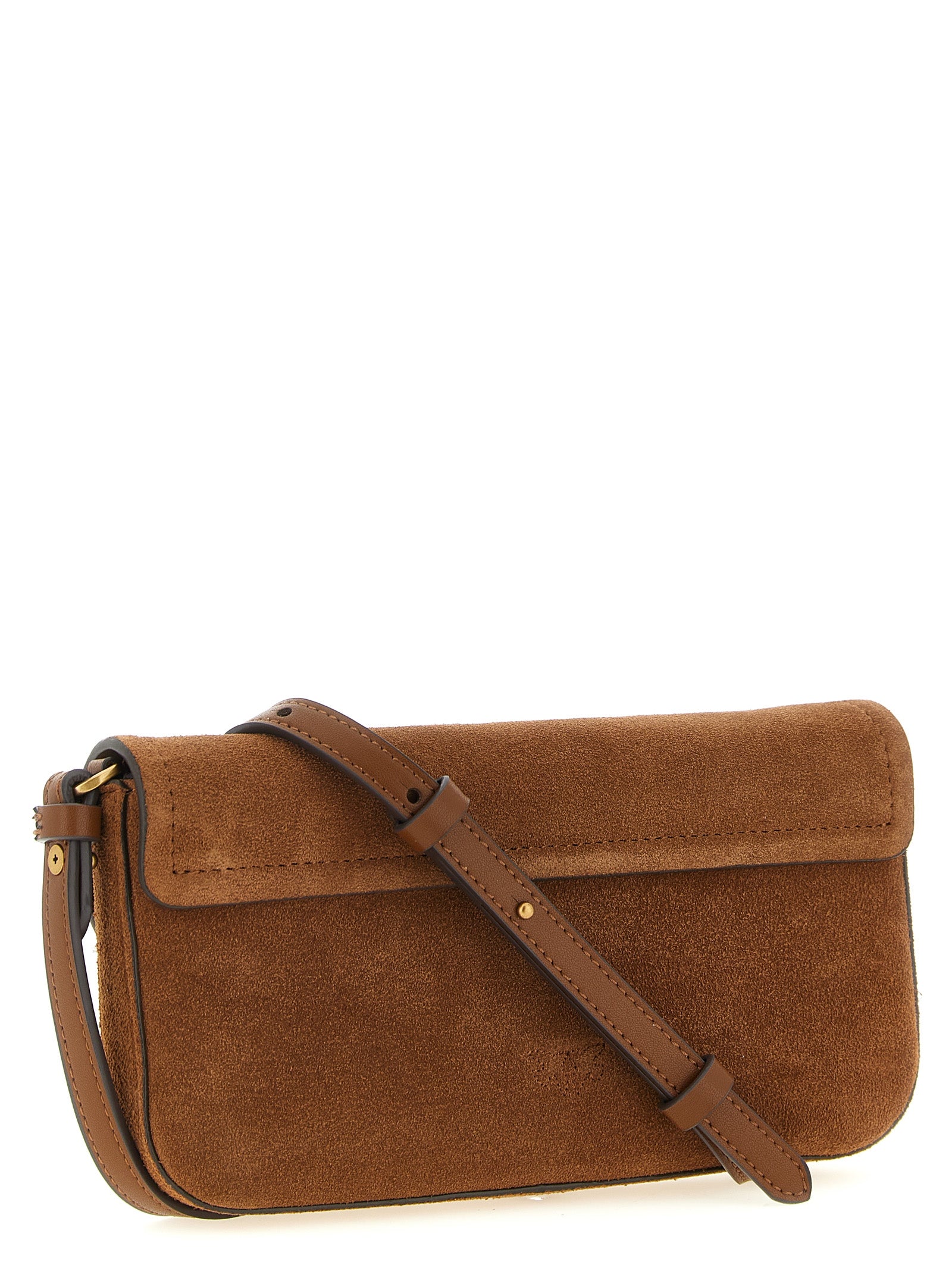 Medium Shoulder Saddle Bag by PINKO for women in cotton & leather brown features a statuesque silhouette, showcasing a secure flap & magnetic and statuesque with versatile shoulder-strap for a statuesque finish.