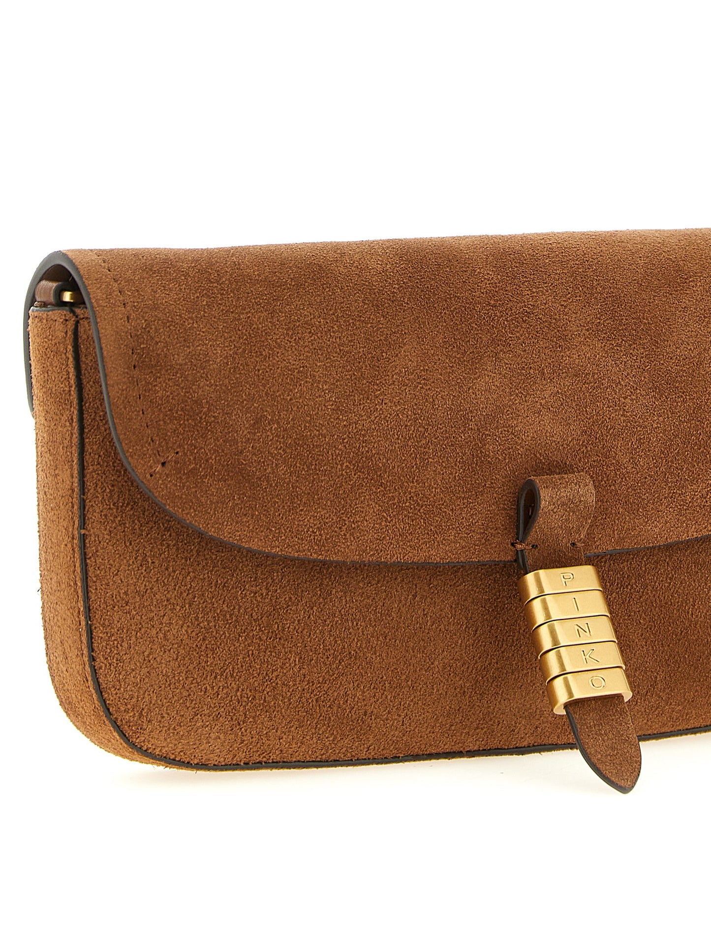 Medium Shoulder Saddle Bag by PINKO for women in cotton & leather brown presents a statuesque silhouette, showcasing a secure flap & magnetic and statuesque with versatile shoulder-strap for a sophisticated look.