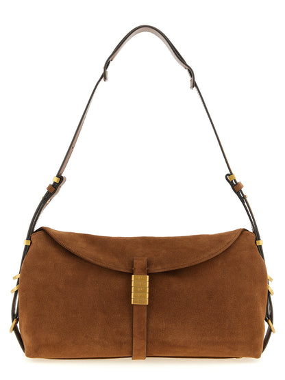 Shoulder Evening Saddle Bag by PINKO for women in cotton & leather brown features a stately silhouette, showcasing a secure flap & magnetic, ample , and stately shoulder-strap & adjustable-strap for a stately finish.