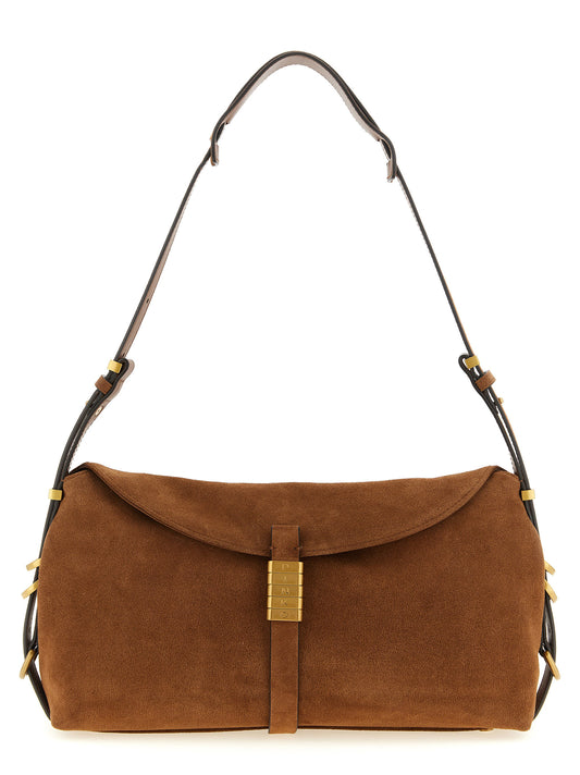 Shoulder Evening Saddle Bag by PINKO for women in cotton & leather brown features a stately silhouette, showcasing a secure flap & magnetic, ample , and stately shoulder-strap & adjustable-strap for a stately finish.