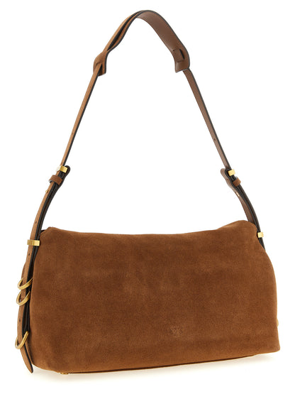 Shoulder Evening Saddle Bag by PINKO for women in cotton & leather brown features a statuesque silhouette, showcasing a secure flap & magnetic and statuesque with versatile shoulder-strap & adjustable-strap for a statuesque finish.