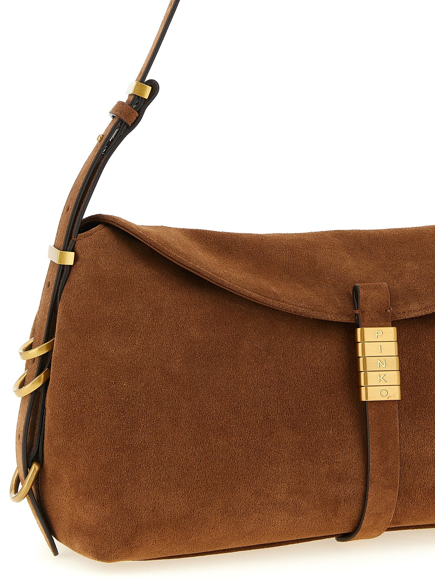 Shoulder Evening Saddle Bag by PINKO for women in cotton & leather brown presents a statuesque silhouette, showcasing a secure flap & magnetic and statuesque with versatile shoulder-strap & adjustable-strap for a sophisticated look.