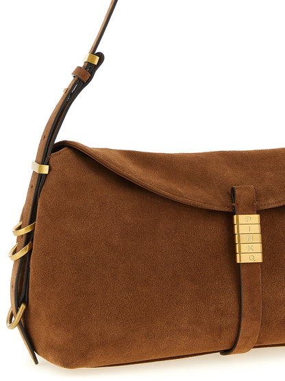 Shoulder Evening Saddle Bag by PINKO for women in cotton & leather brown presents a statuesque silhouette, showcasing a secure flap & magnetic and statuesque with versatile shoulder-strap & adjustable-strap for a sophisticated look.