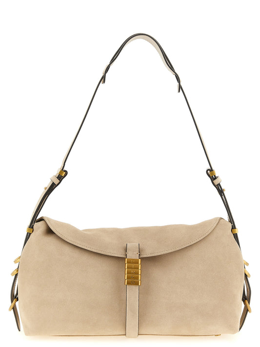 Shoulder Saddle Bag by PINKO for women in faux leather & cotton beige showcases a statuesque silhouette, artfully detailed with a secure flap & magnetic, organized , and versatile shoulder-strap & adjustable-strap for a statuesque look.